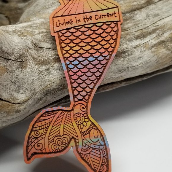 Mermaid Design II  Hand-painted  Solid Cherry Wood with 925 Sterling Silver Loop - Picture 5 of 6